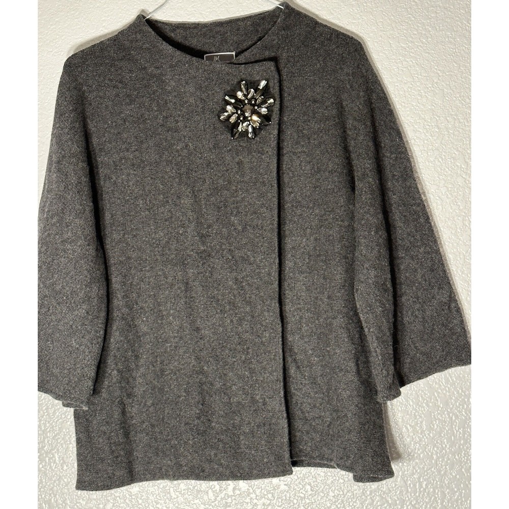 JM Collection Open Cardigan Sweater 100% Wool Jewel Holiday Size L Gray